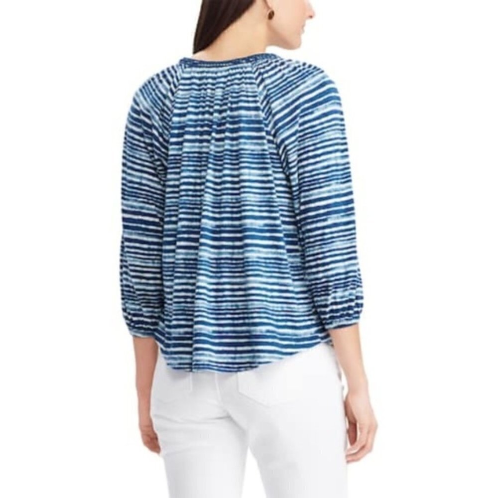 Chaps Womens Blue White Striped Lace Up Elbow Sleeve Peasant Blouse Sz M New - Picture 2 of 6